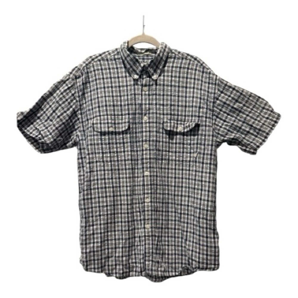 Orvis Men’s XL Plaid 100% Cotton Short Sleeve Button Down Shirt Blue White